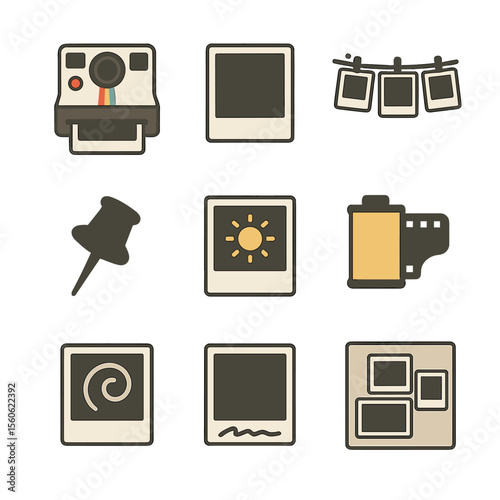 Retro Snapshot Icons. Flat icon set of retro Polaroid snapshots: instant camera, white border photo, hanging clip line, thumbtack,