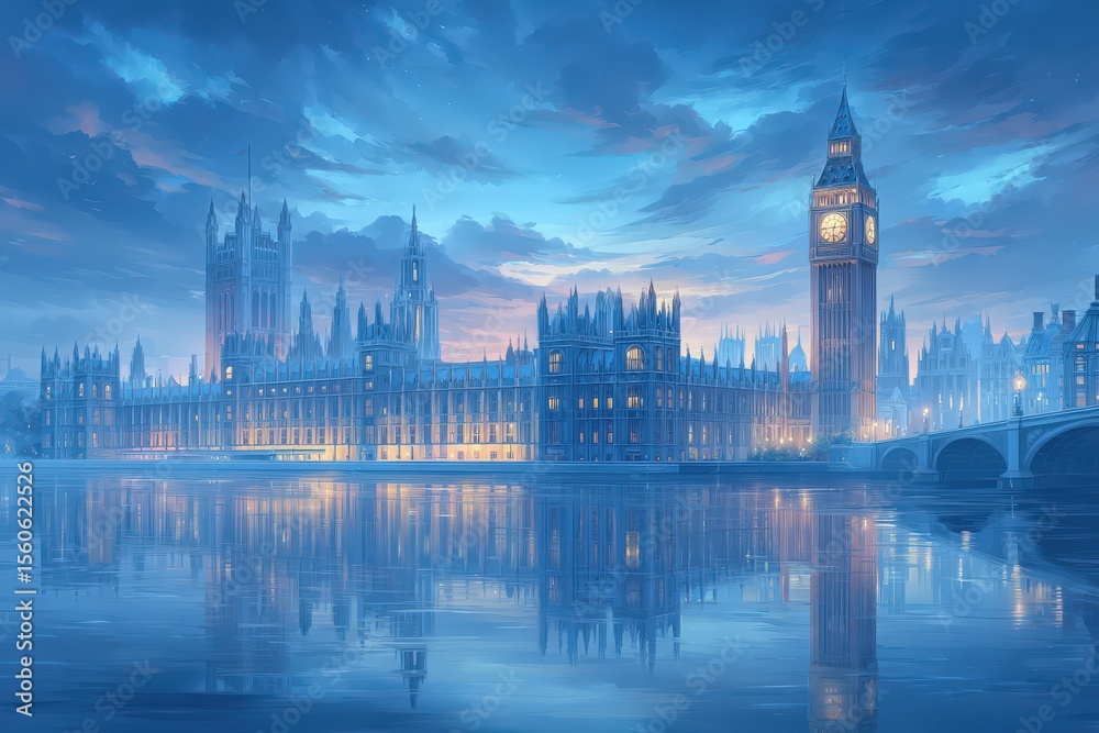Beautiful twilight captures the Houses of Parliament and Big Ben reflected in calm waters. The soft glow of lights enhances the serene atmosphere of this iconic London landmark. Beautiful twilight captures the Houses of Parliament and Big Ben reflected in calm waters. The soft glow of lights enhances the serene atmosphere of this iconic London landmark.