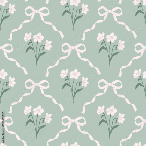 Preppy coquette seamless pattern with white bow ribbons and cute flowers. Floral elegance damask design. Vintage cottagecore print for fabric, wallpaper or wrapping paper