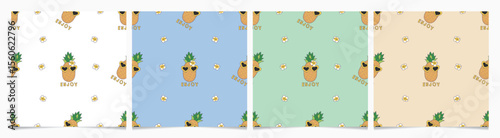 Set of hand drawn vector seamless patterns with pineapple wearing glasses in pastel colors, Summer Beach collection. 
