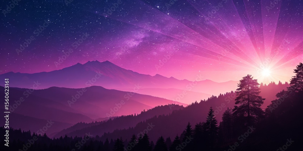 Fototapeta premium Purple Mountain Sunrise Starry Night Landscape, Digital Art, Nature, Fantasy Nature photography, Digital art