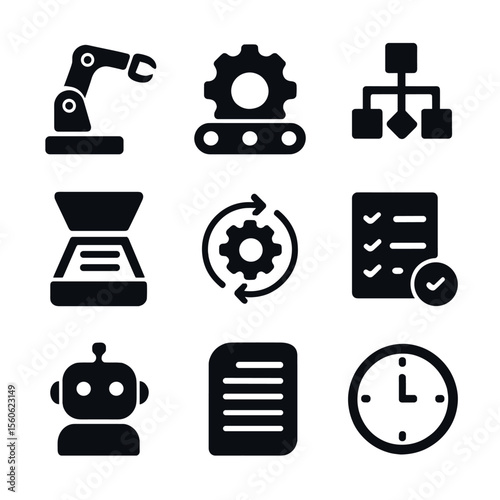 Robotic Process Icons. Solid, filled icon set of robotic process automation: robot arm, conveyor belt, gear, flowchart, document