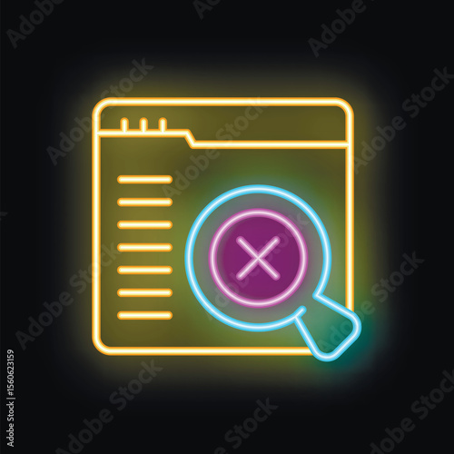 Neon icon of a magnifying glass showing a website error message, representing the concept of debugging