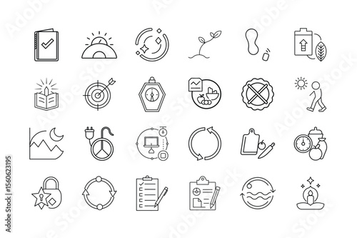 Healthy Lifestyle and Daily Routine Icons Wellness SelfCare Habit Tracker Productivity and Mindful Living Line Symbol Set