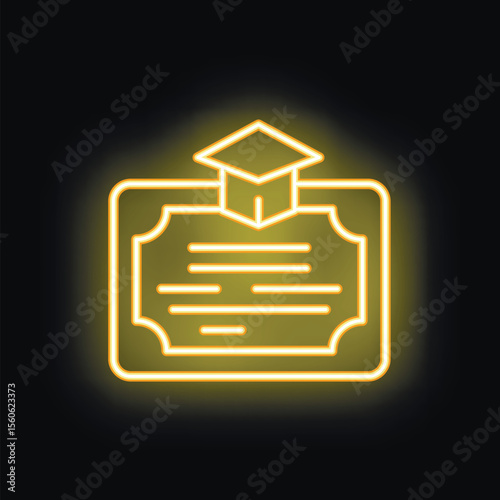 Glowing neon icon of a graduation certificate with a graduation cap, symbolizing academic achievement and the completion of studies