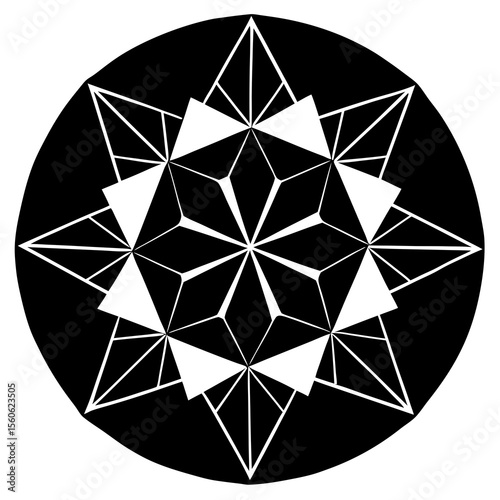 Intricate geometric starburst pattern with sharp angular lines and triangular shapes creating a symmetrical mandala silhouette design