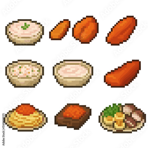 Roe Dish Icons. Pixel art icon set of regional roe dishes: taramosalata, bottarga slice, karasumi, ikra salad, tarama dip, karashi