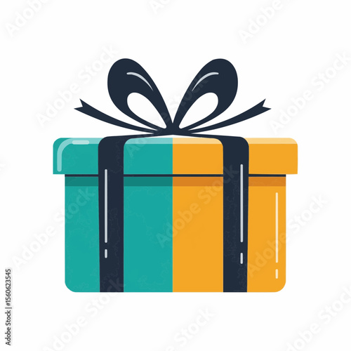 A colorful gift box, split between turquoise and yellow, tied with a dark blue ribbon and bow.