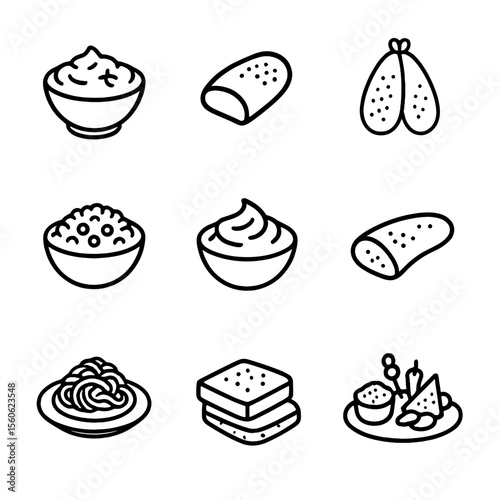 Roe Dish Icons. Outline icon set of regional roe dishes: taramosalata, bottarga slice, karasumi, ikra salad, tarama dip, karashi