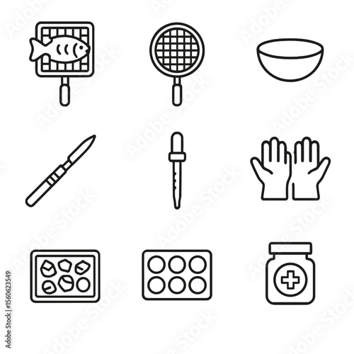 Roe Harvest Tool Icons. Outline icon set of roe harvesting tools: fish scoop, fine mesh sieve, collection bowl, scalpel, pipette,