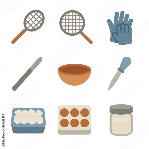 Roe Harvesting Tools Icons. Flat icon set of roe harvesting tools: fish scoop, fine mesh sieve, collection bowl, scalpel, pipette,