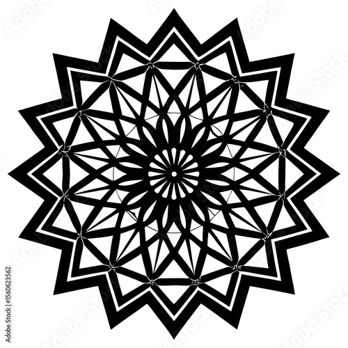 Intricate geometric mandala design with sharp pointed edges and a central floral pattern in a striking black and white silhouette