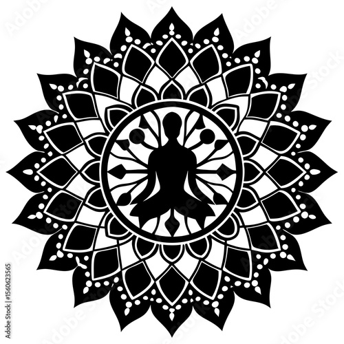 Intricate black and white mandala design featuring a meditating figure with multiple arms in a circular pattern silhouette