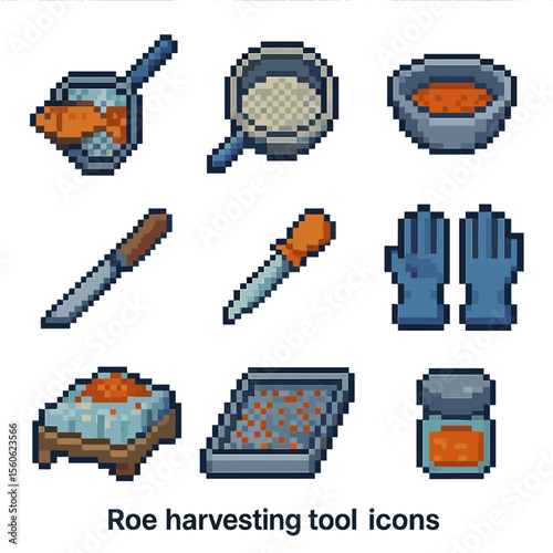 Roe Harvesting Tools Icons. Pixel art icon set of roe harvesting tools: fish scoop, fine mesh sieve, collection bowl, scalpel,