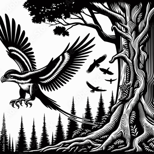 Microraptor Gliding Gracefully from a Tree in the Prehistoric Forest