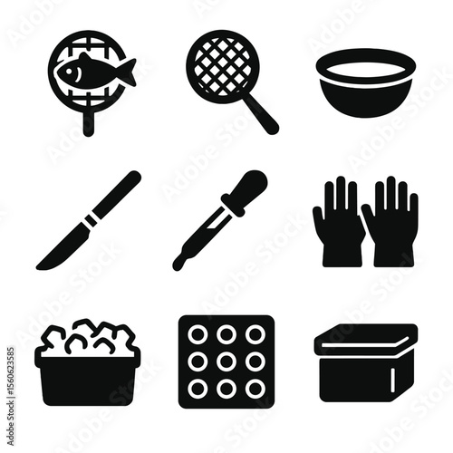 Roe Harvesting Tools. Solid, Filled icon set of roe harvesting tools: fish scoop, fine mesh sieve, collection bowl, scalpel,