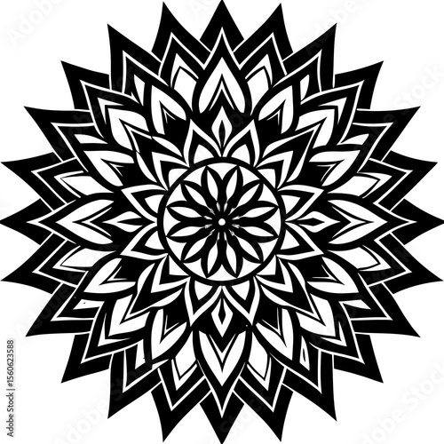 Intricate black and white geometric mandala pattern with sharp petals and a central floral design presented as a striking silhouette