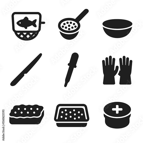 Roe Harvesting Tools. Solid, Filled icon set of roe harvesting tools: fish scoop, fine mesh sieve, collection bowl, scalpel,