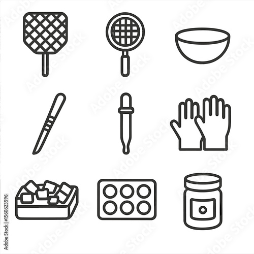 Roe Harvest Tool Icons. Outline icon set of roe harvesting tools: fish scoop, fine mesh sieve, collection bowl, scalpel, pipette,