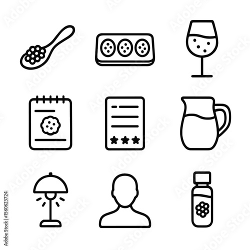 Roe Tasting Icon Set. Outline icon set of roe-themed tastings: sample spoon, tasting board, wine glass, tasting notes pad, score