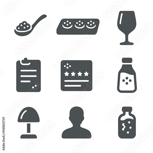 Roe Tasting Icons. Flat icon set of roe-themed tastings: sample spoon, tasting board, wine glass, tasting notes pad, score card,