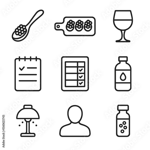 Roe Tasting Icon Set. Outline icon set of roe-themed tastings: sample spoon, tasting board, wine glass, tasting notes pad, score