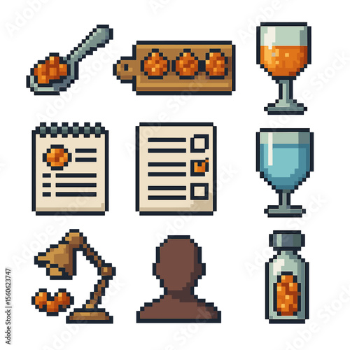 Roe Tasting Icons. Pixel art icon set of roe-themed tastings: sample spoon, tasting board, wine glass, tasting notes pad, score