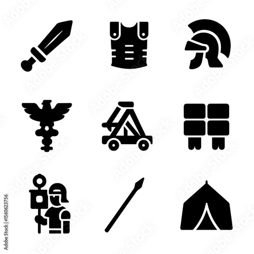 Roman Military Icons. Solid, filled icon set of ancient Roman military: gladius sword, lorica armor, legionnaire helmet, Roman