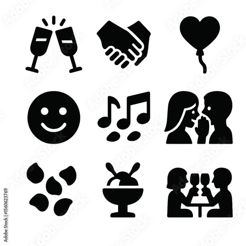 Romantic Dining Icons. Solid, filled icon set of intimate dining moments: clinking glasses, holding hands, smiling face, heart