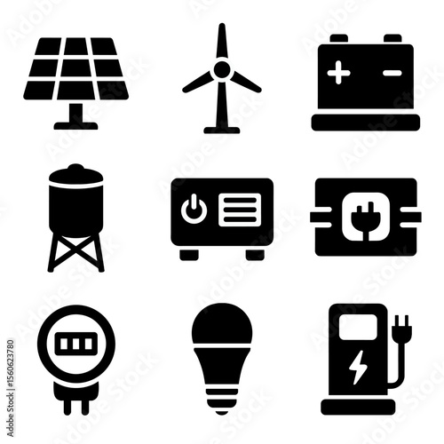 Rooftop Energy Icons. Solid, filled icon set of rooftop energy and utilities: solar panel, wind turbine, battery pack, water tank,