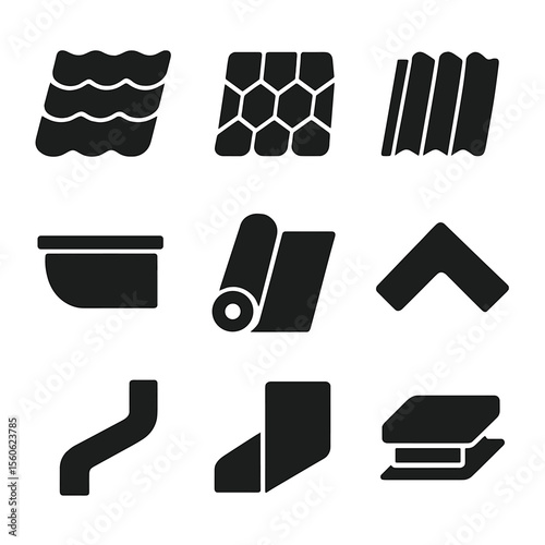 Roofing Materials Icons. Solid, filled icon set of roofing materials: roof tiles, asphalt shingles, metal sheet, gutter, roof felt