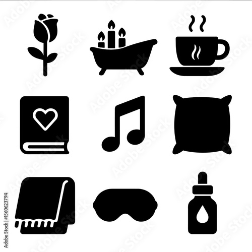 Romantic Self-Care Icons. Solid, filled icon set of romantic self-care: rose, candlelight bath, relaxing tea, favorite book, music