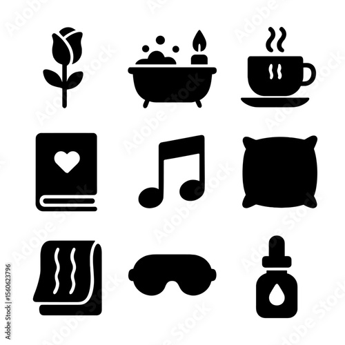 Romantic Self-Care Icons. Solid, filled icon set of romantic self-care: rose, candlelight bath, relaxing tea, favorite book, music