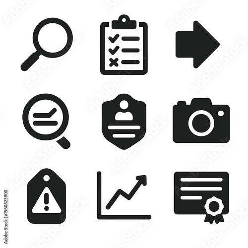 Safety Audit Icon Set. Solid, Filled icon set of safety audit and inspection: magnifying glass, clipboard audit checklist,