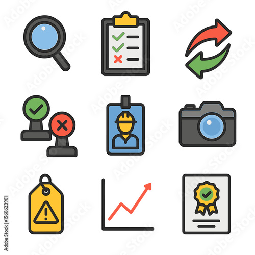 Safety Audit Icon Set. Flat icon set of safety audit and inspection: magnifying glass, clipboard audit checklist, corrective