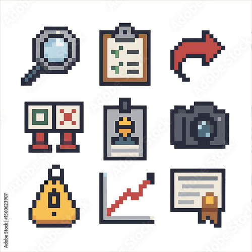Safety Audit Icons. Pixel art icon set of safety audit and inspection: magnifying glass, clipboard audit checklist, corrective