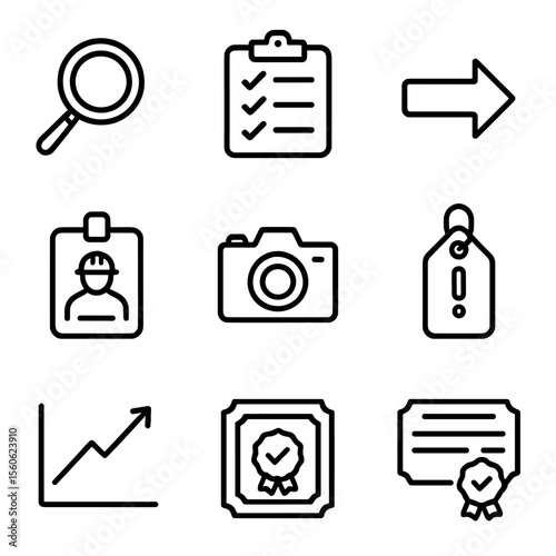Safety Audit Icons. Outline icon set of safety audit and inspection: magnifying glass, clipboard audit checklist, corrective