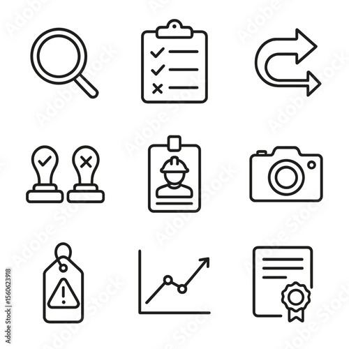Safety Audit Icons. Outline icon set of safety audit and inspection: magnifying glass, clipboard audit checklist, corrective