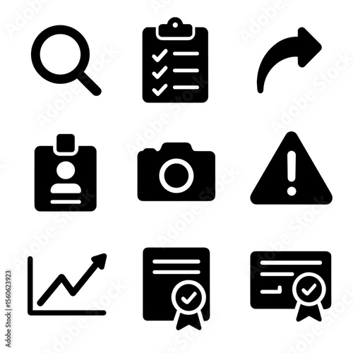 Safety Audit Icon Set. Solid, Filled icon set of safety audit and inspection: magnifying glass, clipboard audit checklist,