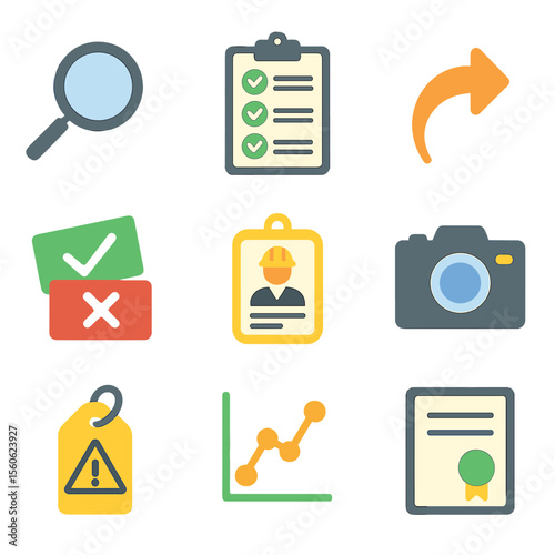 Safety Audit Icon Set. Flat icon set of safety audit and inspection: magnifying glass, clipboard audit checklist, corrective