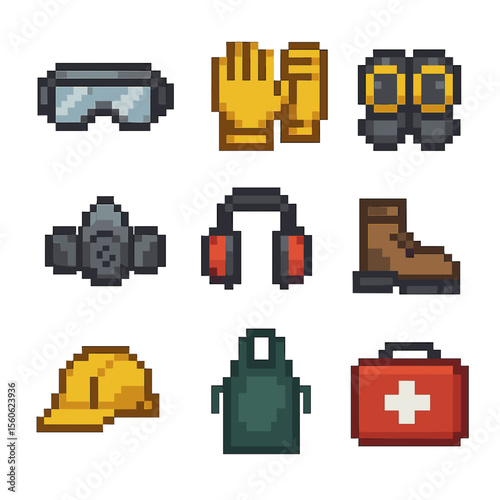 Safety Gear Icons. Pixel art icon set of safety and protection gear: safety goggles, work gloves, knee pads, respirator mask, ear
