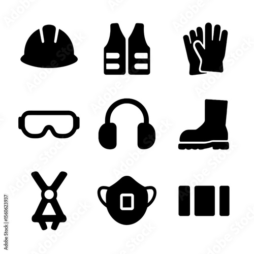 Safety Equipment Icons. Solid, filled icon set of safety equipment: hard hat, safety vest, gloves, goggles, ear protection, safety
