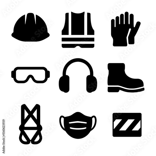 Safety Equipment Icons. Solid, filled icon set of safety equipment: hard hat, safety vest, gloves, goggles, ear protection, safety
