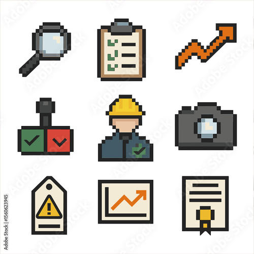 Safety Audit Icons. Pixel art icon set of safety audit and inspection: magnifying glass, clipboard audit checklist, corrective