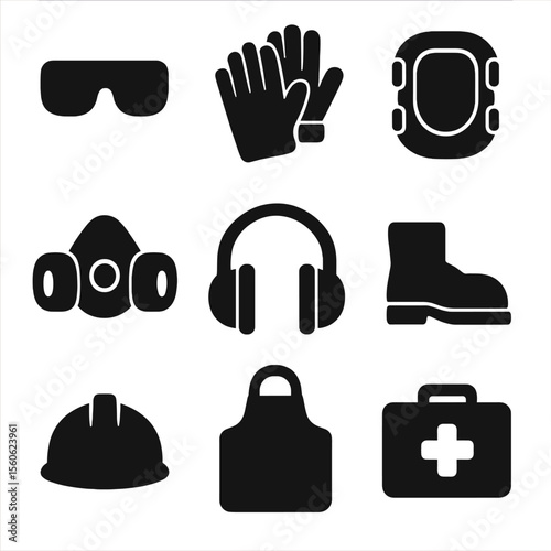 Safety Gear Icons. Solid, Filled icon set of safety and protection gear: safety goggles, work gloves, knee pads, respirator mask,