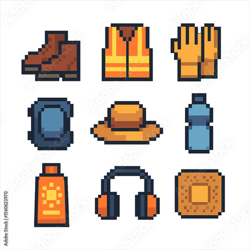 Safety Gear Icons. Pixel art icon set of raking safety and attire: work boots, reflective vest, safety gloves, knee pad, sun hat,