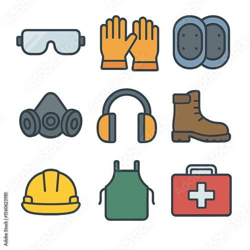 Safety Gear Icons. Flat icon set of safety and protection gear: safety goggles, work gloves, knee pads, respirator mask, ear