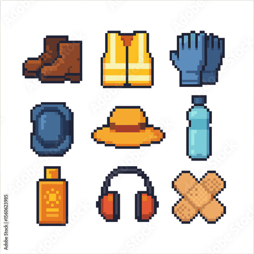 Safety Gear Icons. Pixel art icon set of raking safety and attire: work boots, reflective vest, safety gloves, knee pad, sun hat,