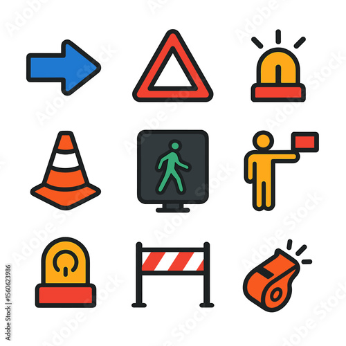 Safety Icon Grid. Flat icon set of safety and signaling: traffic arrow, warning triangle, flashing beacon, reflective cone,