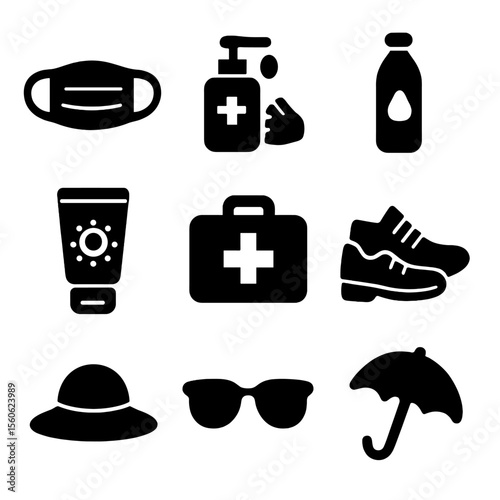 Safety Stroll Icons. Solid, filled icon set of hand-in-hand stroll safety and comfort: mask, hand sanitizer, water bottle,
